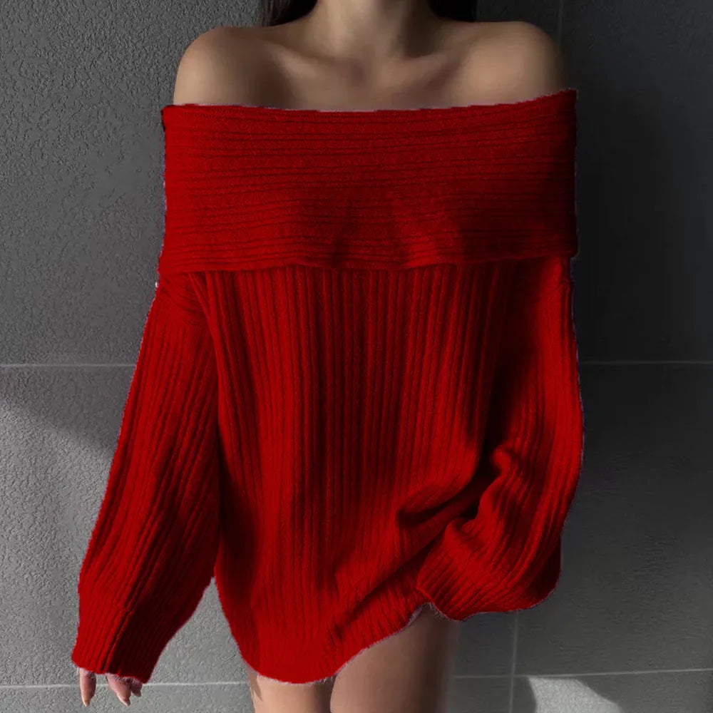 Women's loose fit acrylic off-neck sweater in four colour options showing front and back views
