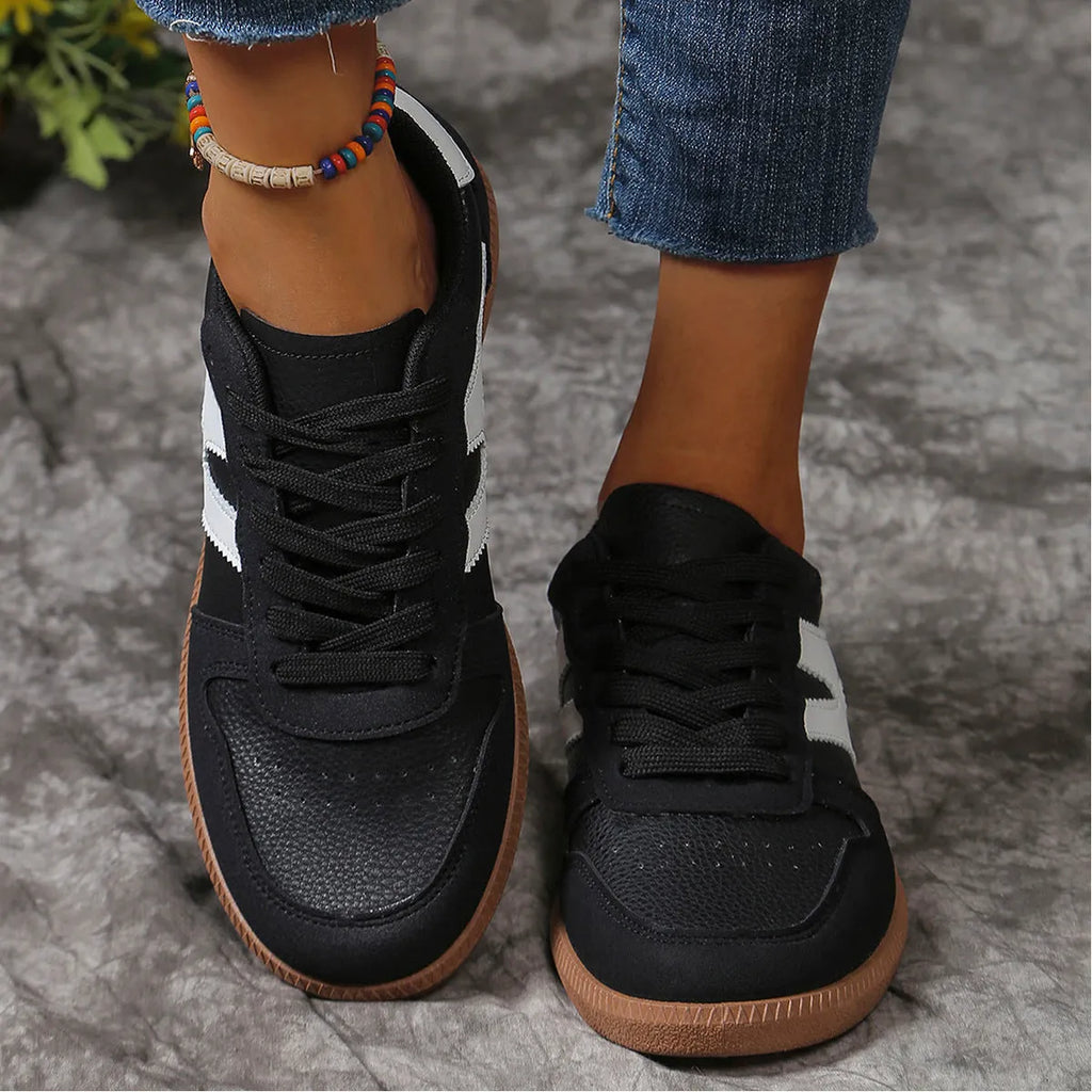 Women's black and pink colourblock lace-up round toe flats with flat heel in artificial PU