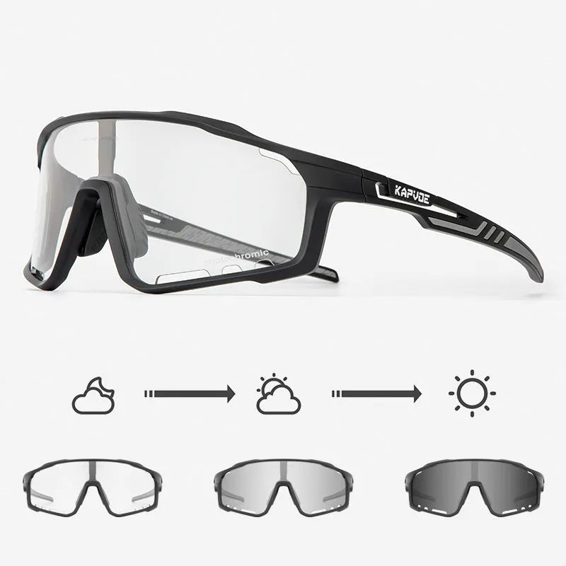 Photochromic cycling sunglasses with semi-rimless TR90 frame in one of 14 colour options.
