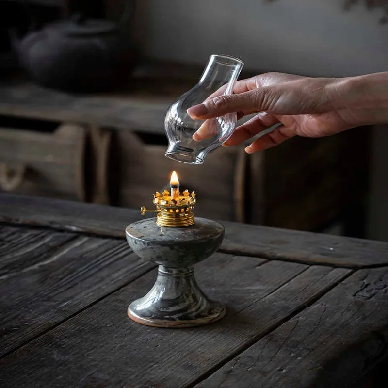 Retro split design decorative night light antique handmade kerosene lamp black Shino underglaze finish 23.8cm height on wooden shelf