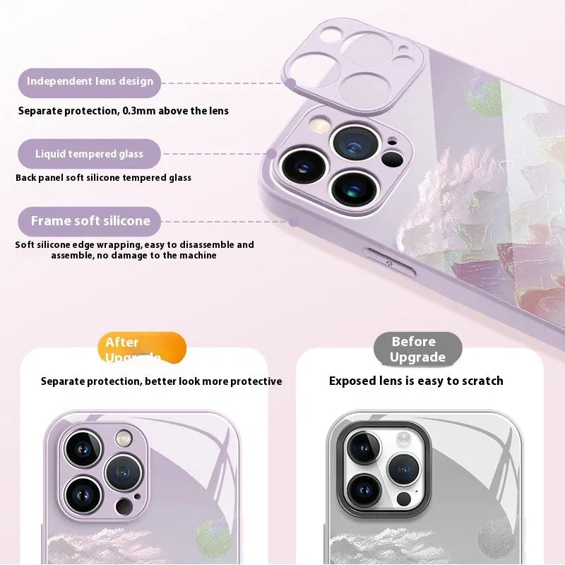iPhone liquid glass phone case with gold silk Yuanshan print in grass purple colour