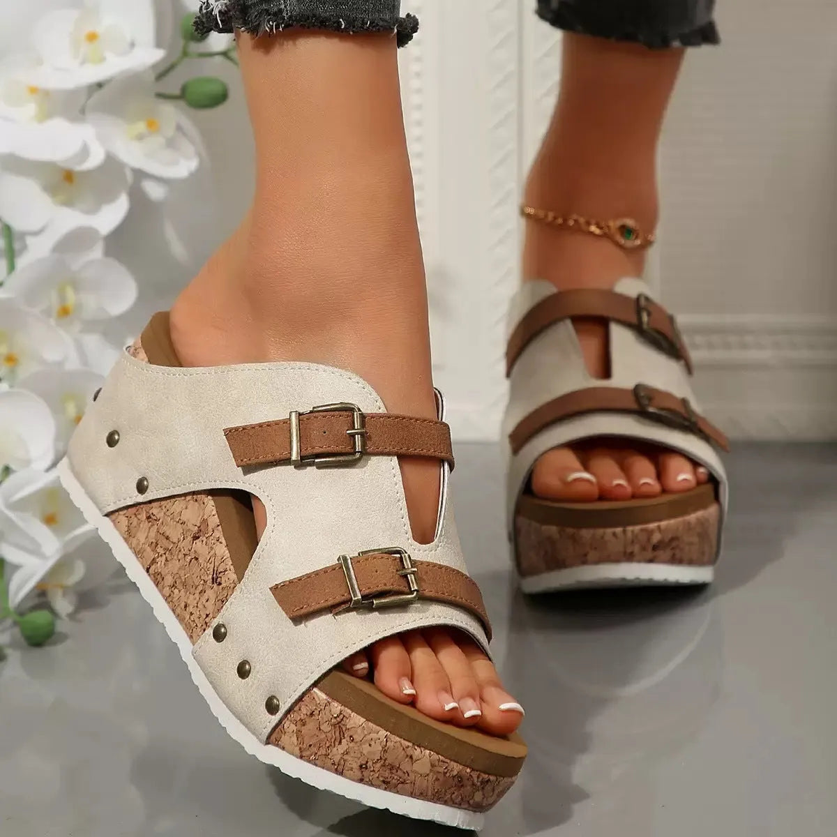 Ins buckle wedges sandals with fish mouth toe and thick high heel for women in blue colour