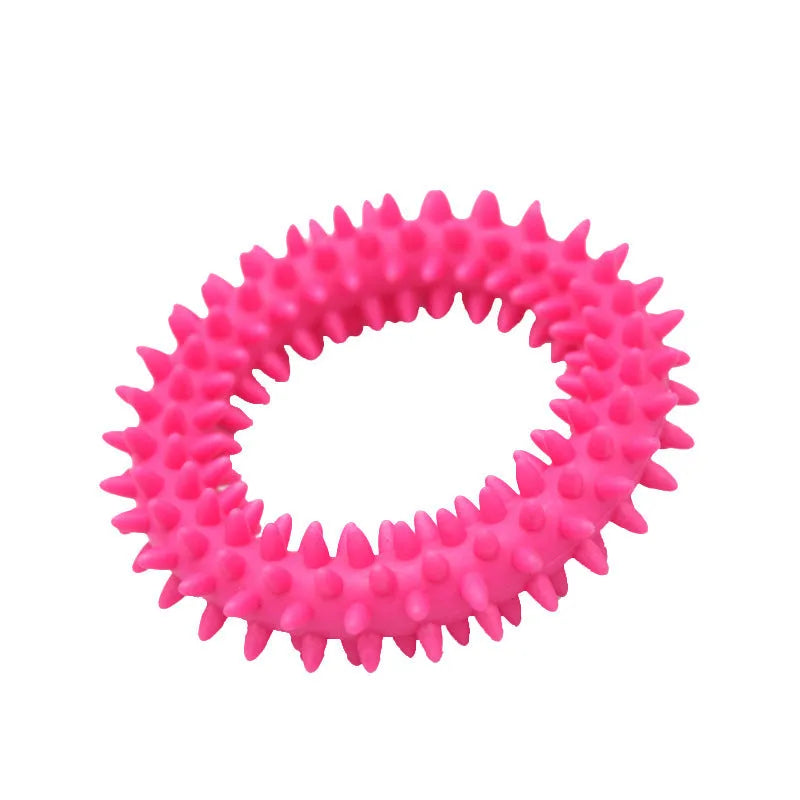 Blue TPR spiky circle ring dog chew toy for teeth cleaning on a white background.