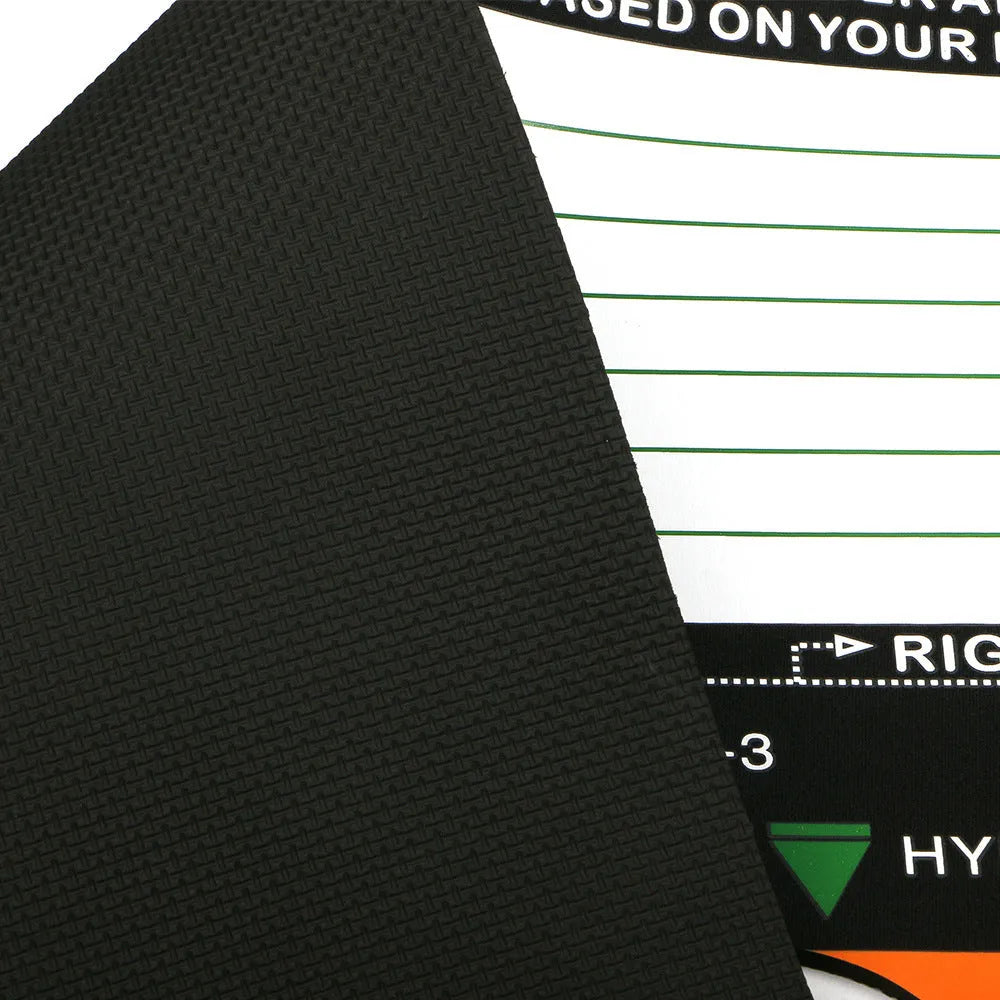 Black neoprene golf swing posture training mat for alignment and stance correction.