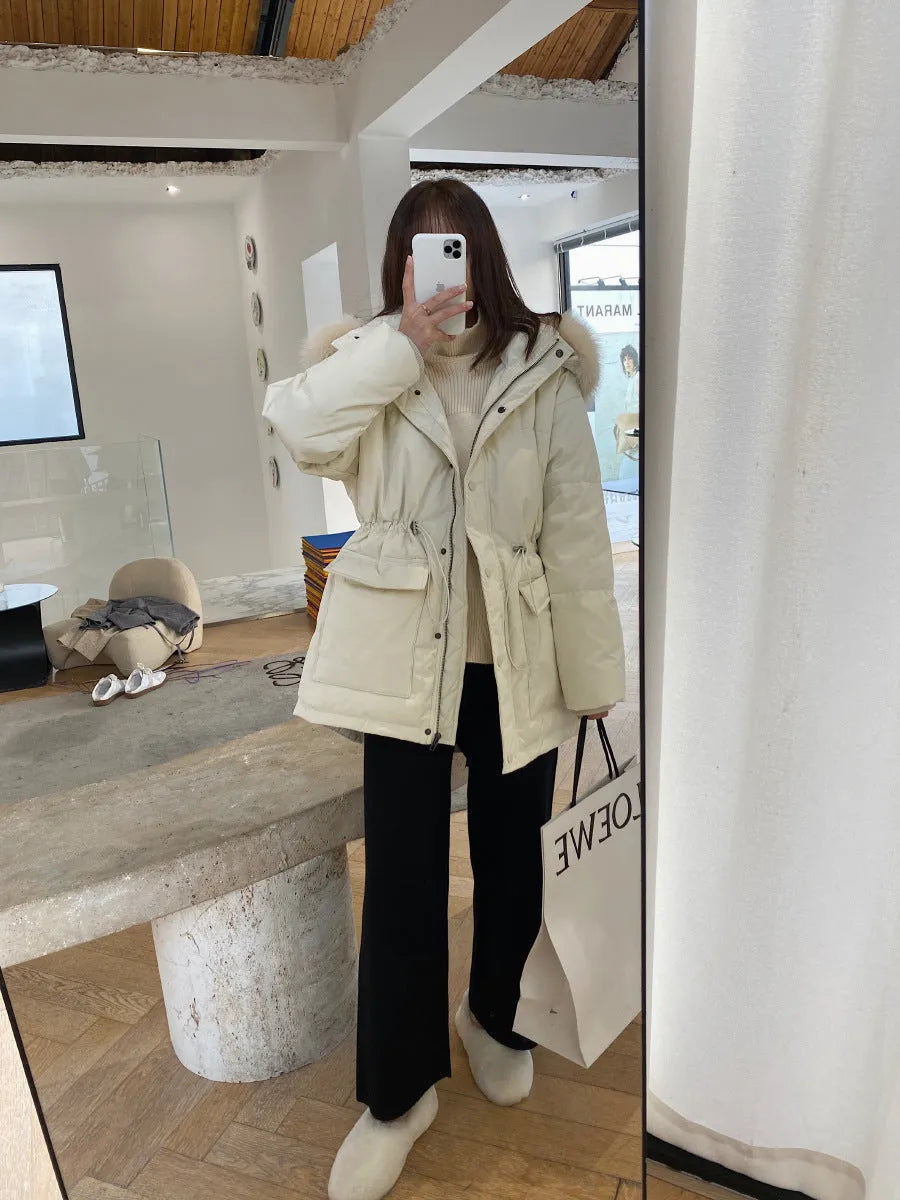 Women's high-waist knitted wide-leg trousers in cream white, floor-length design for winter wear