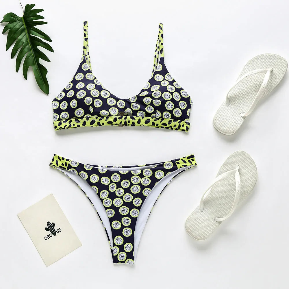 Women's polyester bikini swimsuit set in black and white dots or red and white stripes patterns