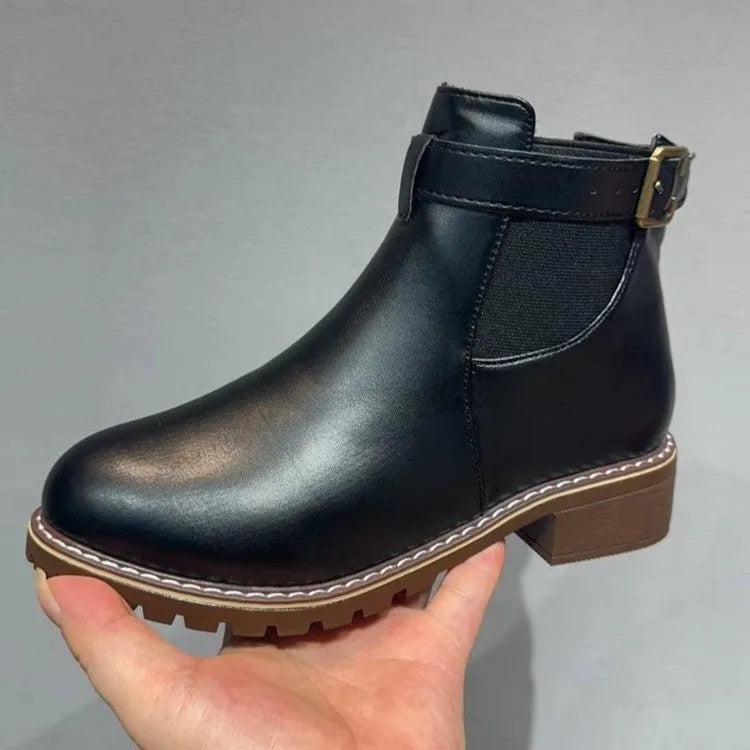 Women's black ankle boots with belt buckle decoration and non-slip rubber soles