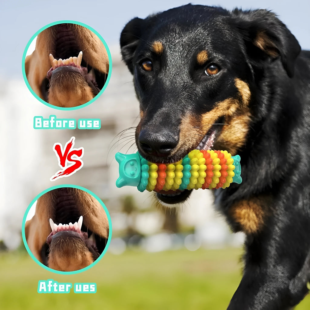 Blue natural rubber caterpillar-shaped dog chew toy on a plain background.