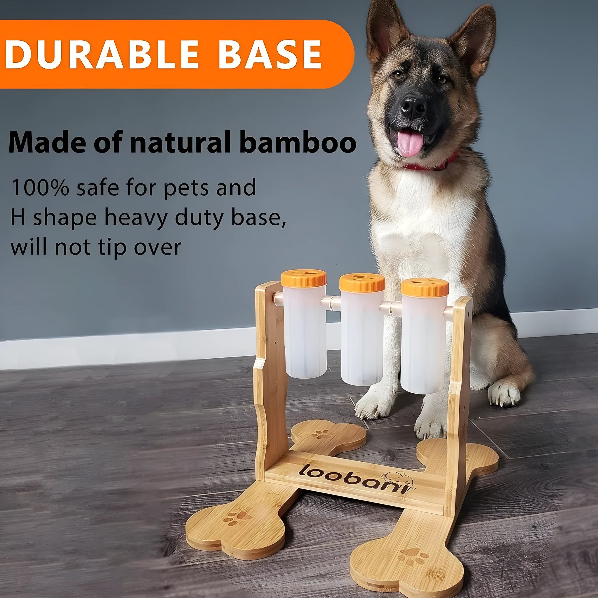 Wooden dog puzzle toy feeder with treat compartments measuring 31x30x20cm