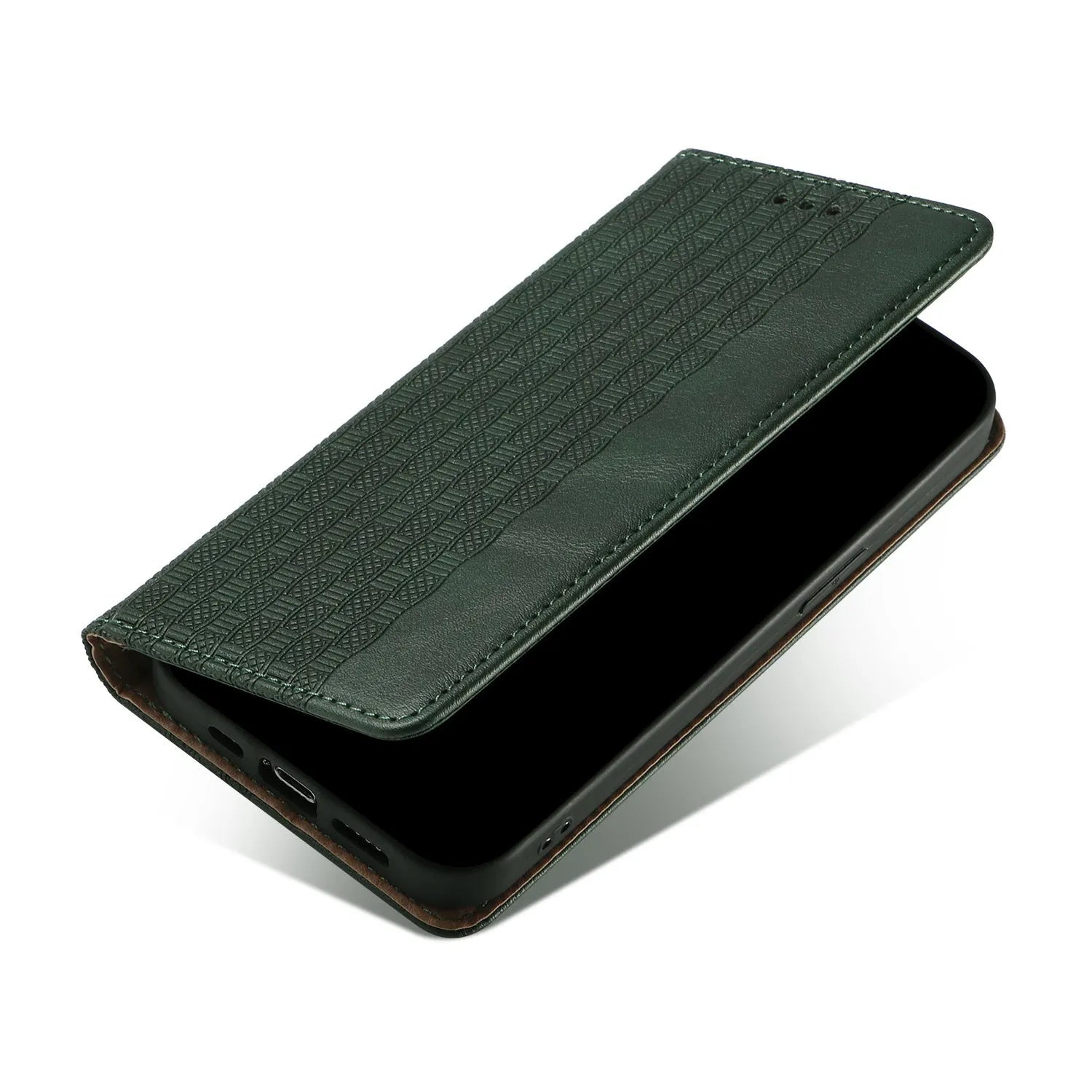 Embossed leather flip phone case for iPhone showing texture detail and flip cover design