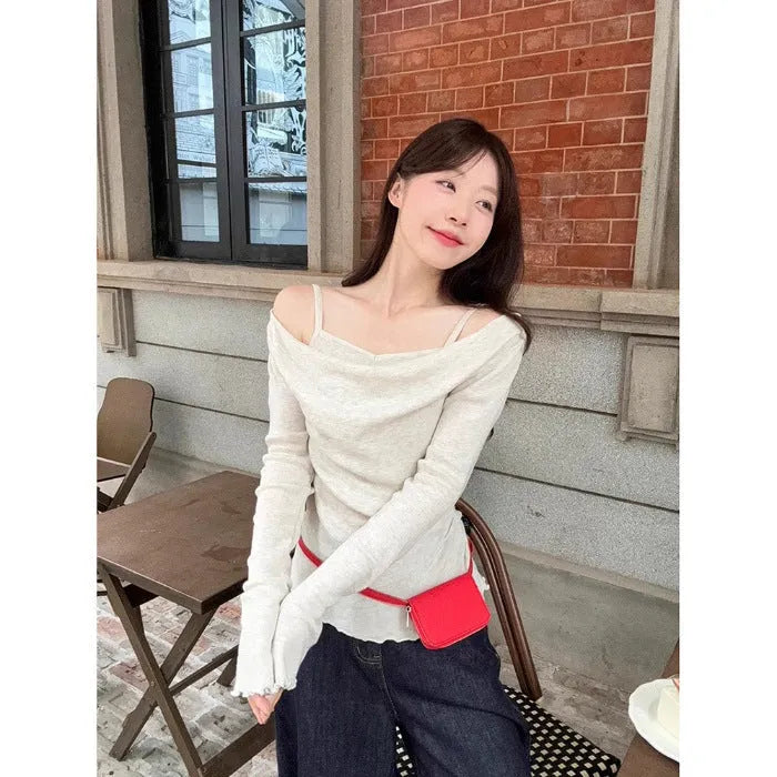 Fashion fake two-piece off-shoulder long sleeve top in polyester with patchwork and ruffles, available in multiple colours