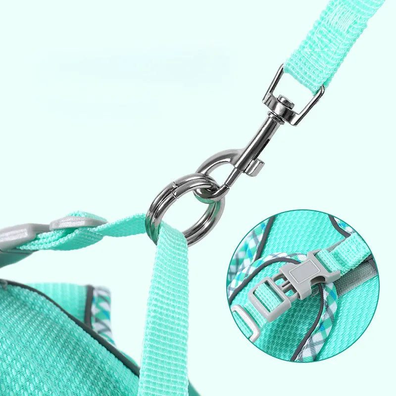 Step-in dog harness with leash in breathable mesh with reflective trim