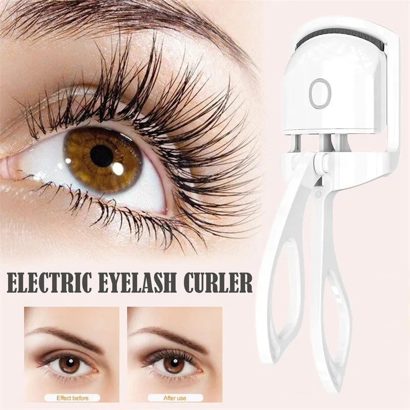 White and pink USB rechargeable heated eyelash curler with temperature control settings.