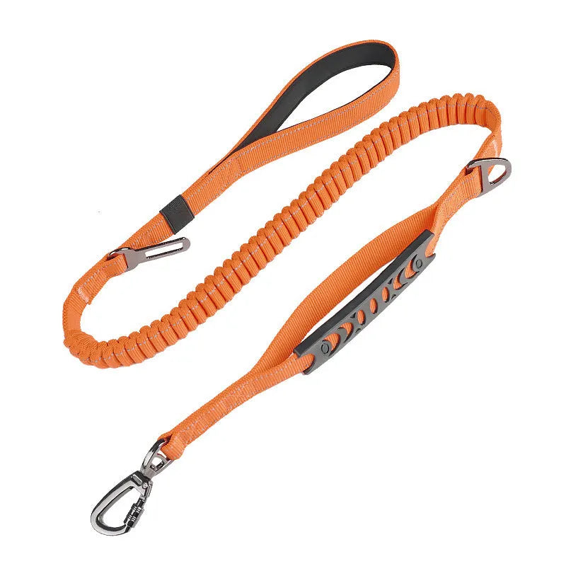 Retractable reflective dog leash with rope-buffered handle in black, orange and khaki colour options