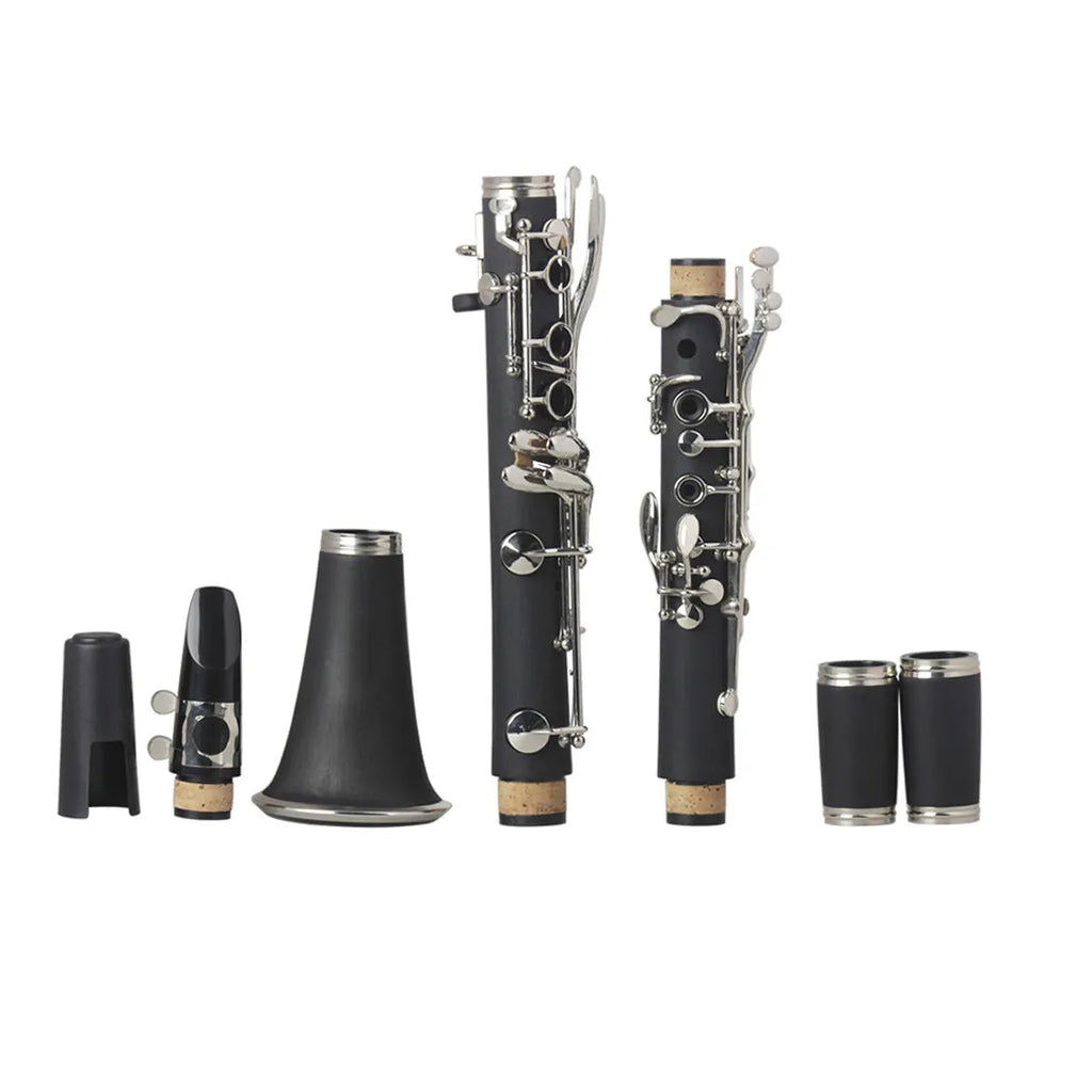 Black Bakelite clarinet with nickel-plated keys next to its protective carry bag.