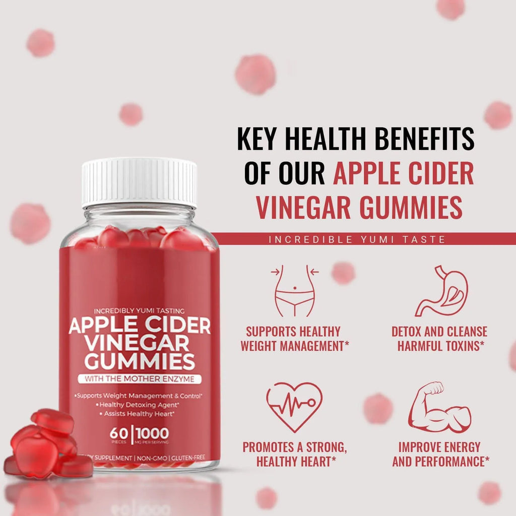 Bottle of apple cider vinegar gummy supplements containing 60 soft candy tablets for adult nutrition