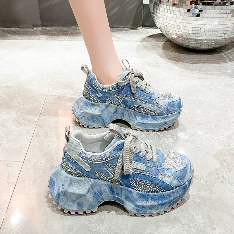 Blue white gradient denim high top platform sneakers with rhinestone embellishment, lace-up front, thick rubber sole