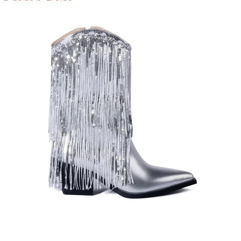 Women's black chunky heel ankle boots with tassel decoration and a high stiletto heel.