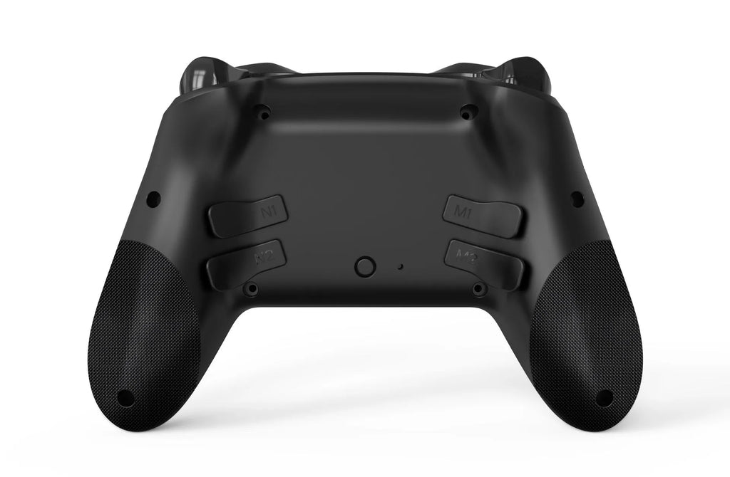 Black wireless game controller with textured leather-grip pattern on handles, shown front and back.