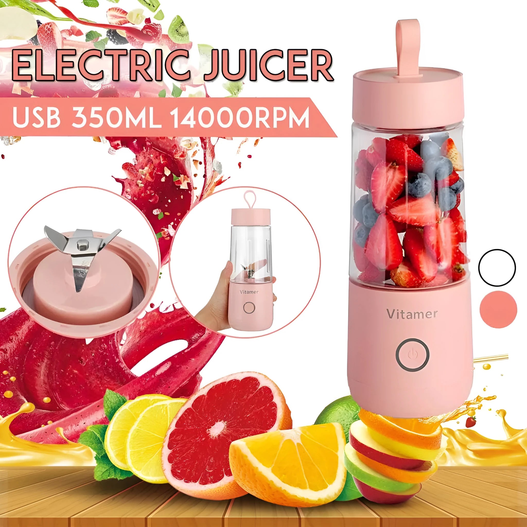 White portable USB blender bottle with 350ml Tritan cup and silicone lifting ring