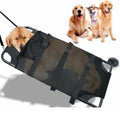 A large black foldable aluminium alloy pet stretcher for dogs, shown in both open and folded positions.
