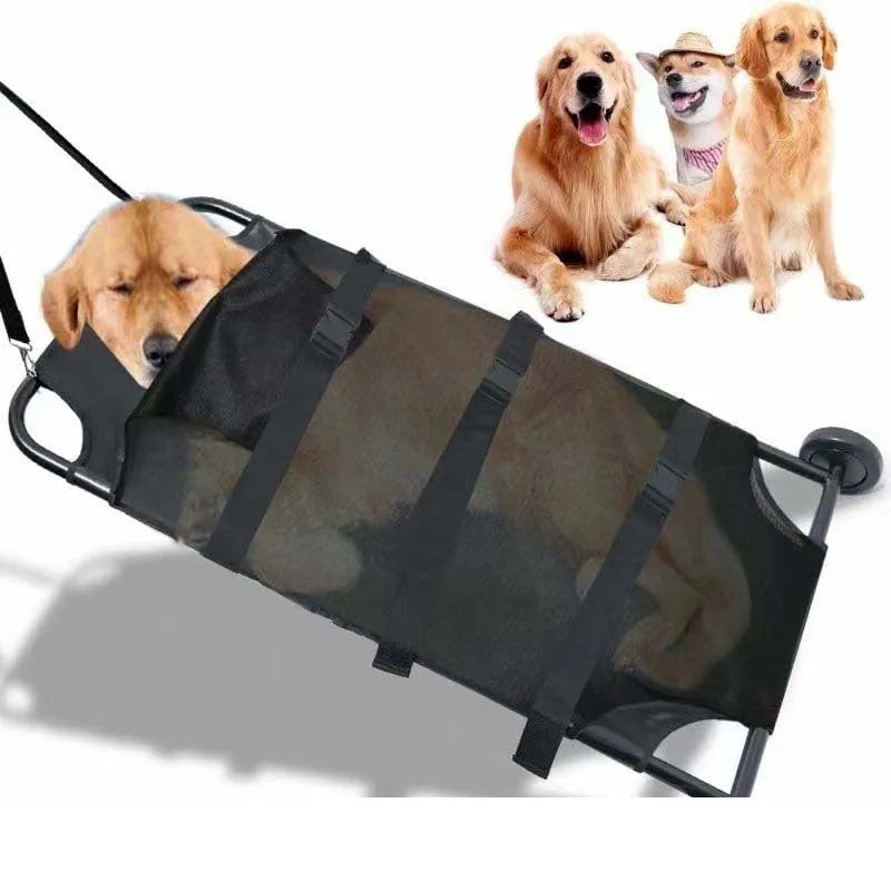 A large black foldable aluminium alloy pet stretcher for dogs, shown in both open and folded positions.