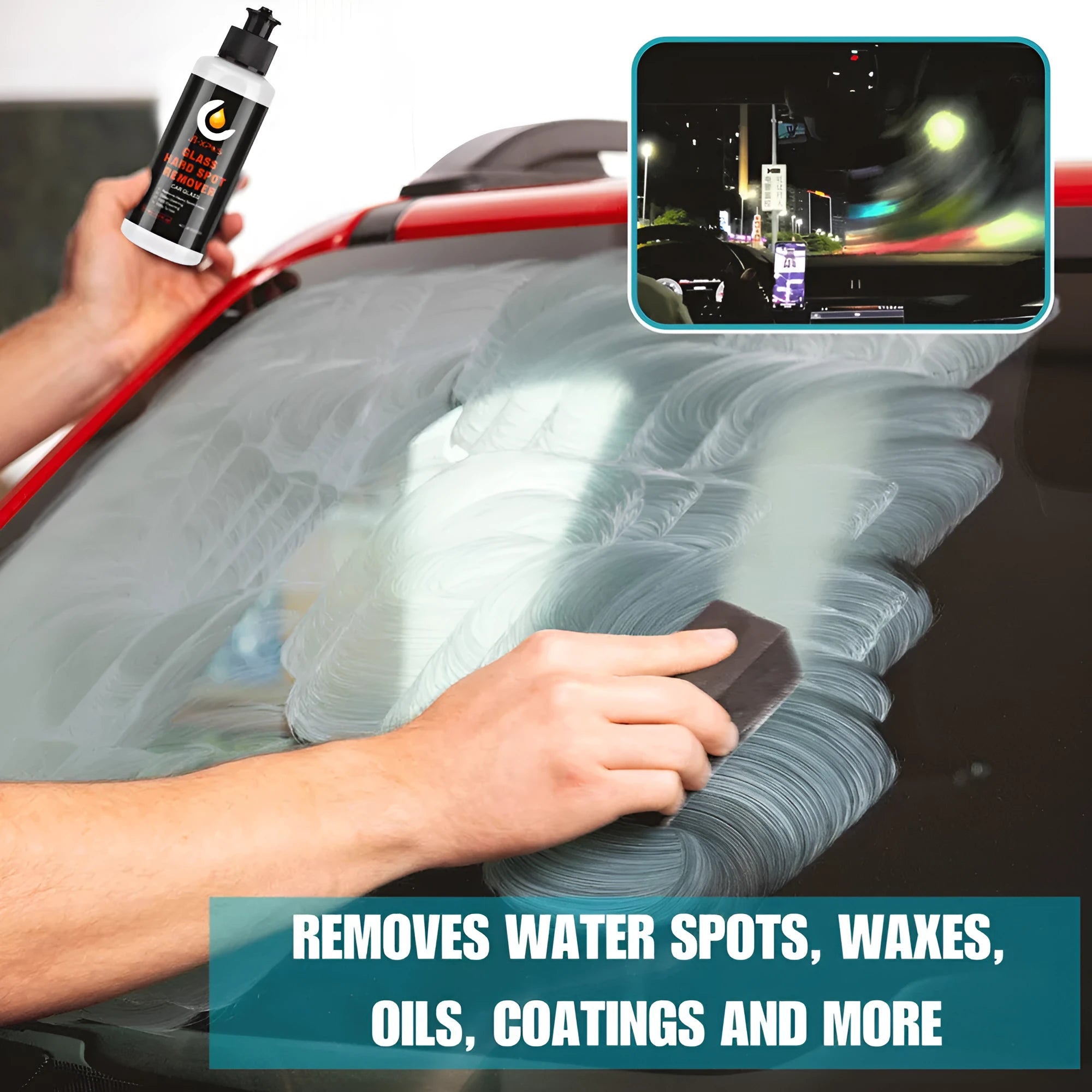 Glass Oil Film Remover cleaning cream paste container shown in 50ml, 100ml, and 200ml size options.