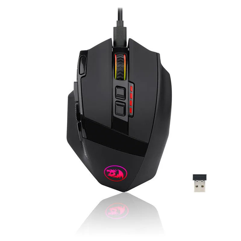 Black Redragon M801P dual-mode gaming mouse with multiple side buttons on a desk