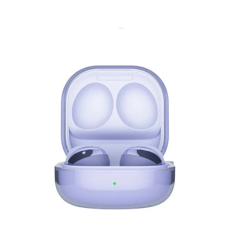 Clear plastic Bluetooth earphone replacement case showing transparent, gold, black, and purple colour options.