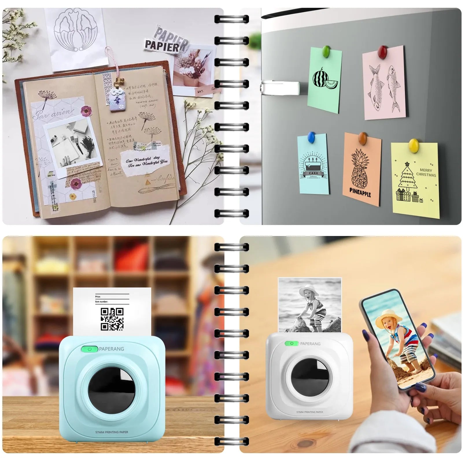 White pocket Bluetooth thermal label printer on desk with smartphone app interface visible