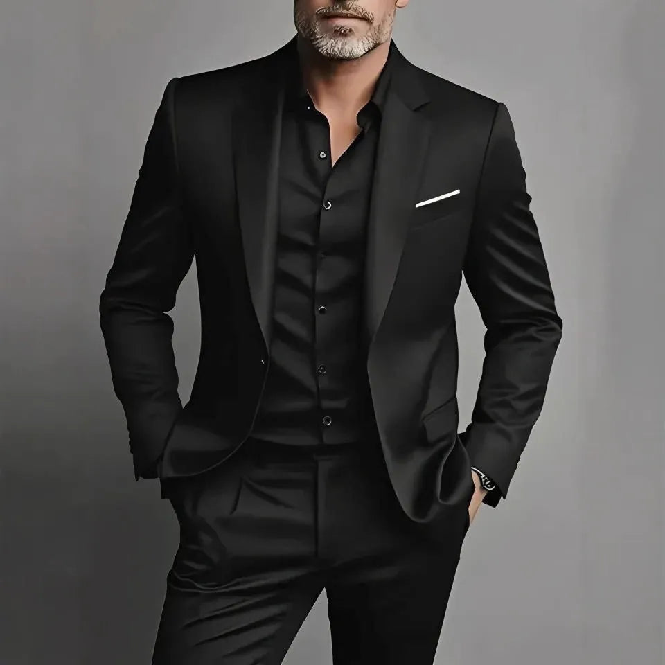 Men's slim fit two-piece suit set in black cotton blend with coat and trousers