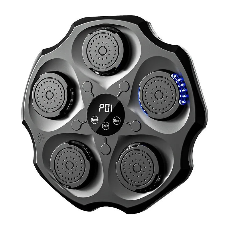 Black Bluetooth music boxing wall target hanging on a wall with an adult boxing glove.