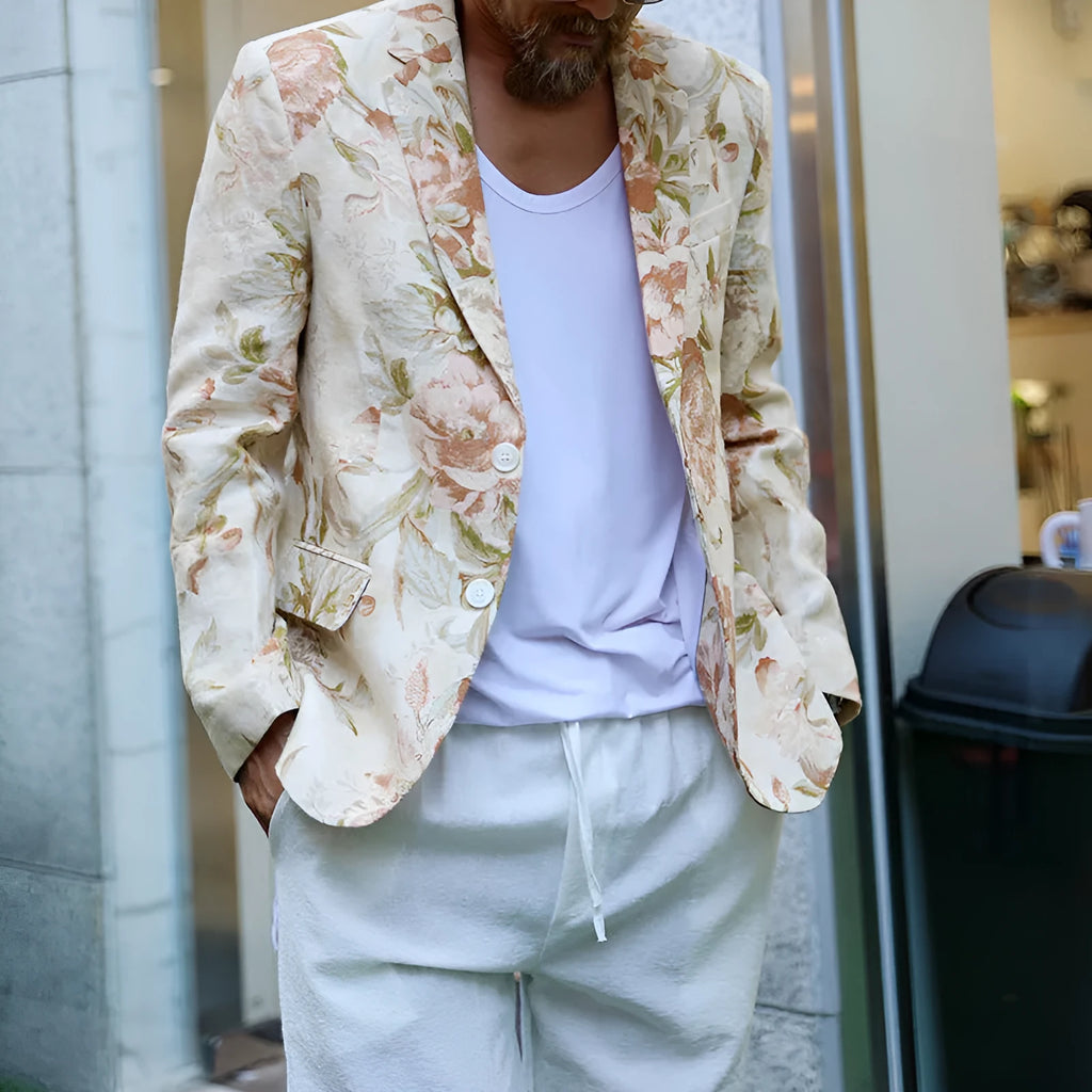Men's casual white printed long sleeve polyester top on a hanger