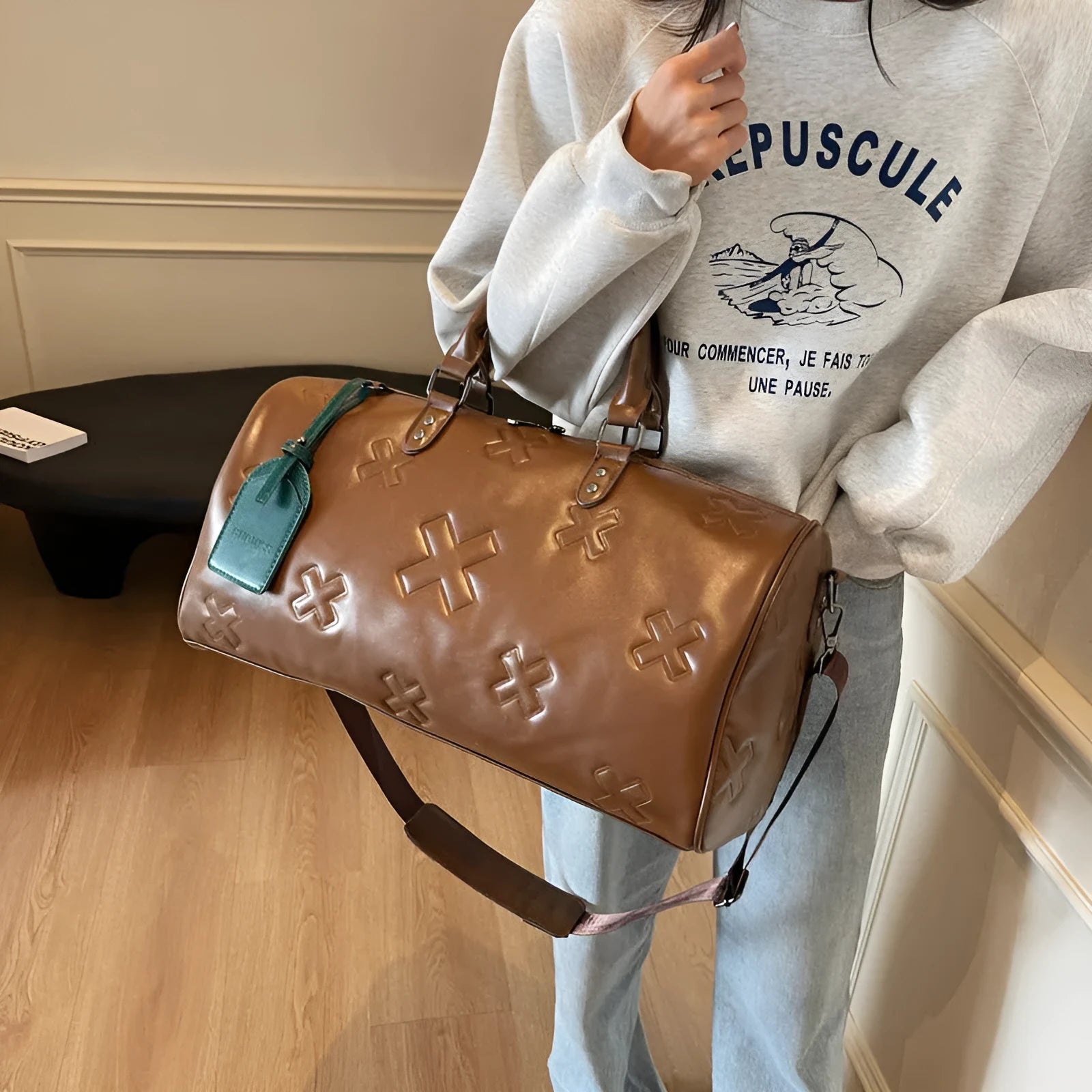 PU embossed travel bag women's large capacity 20-35L in beige with expansion function