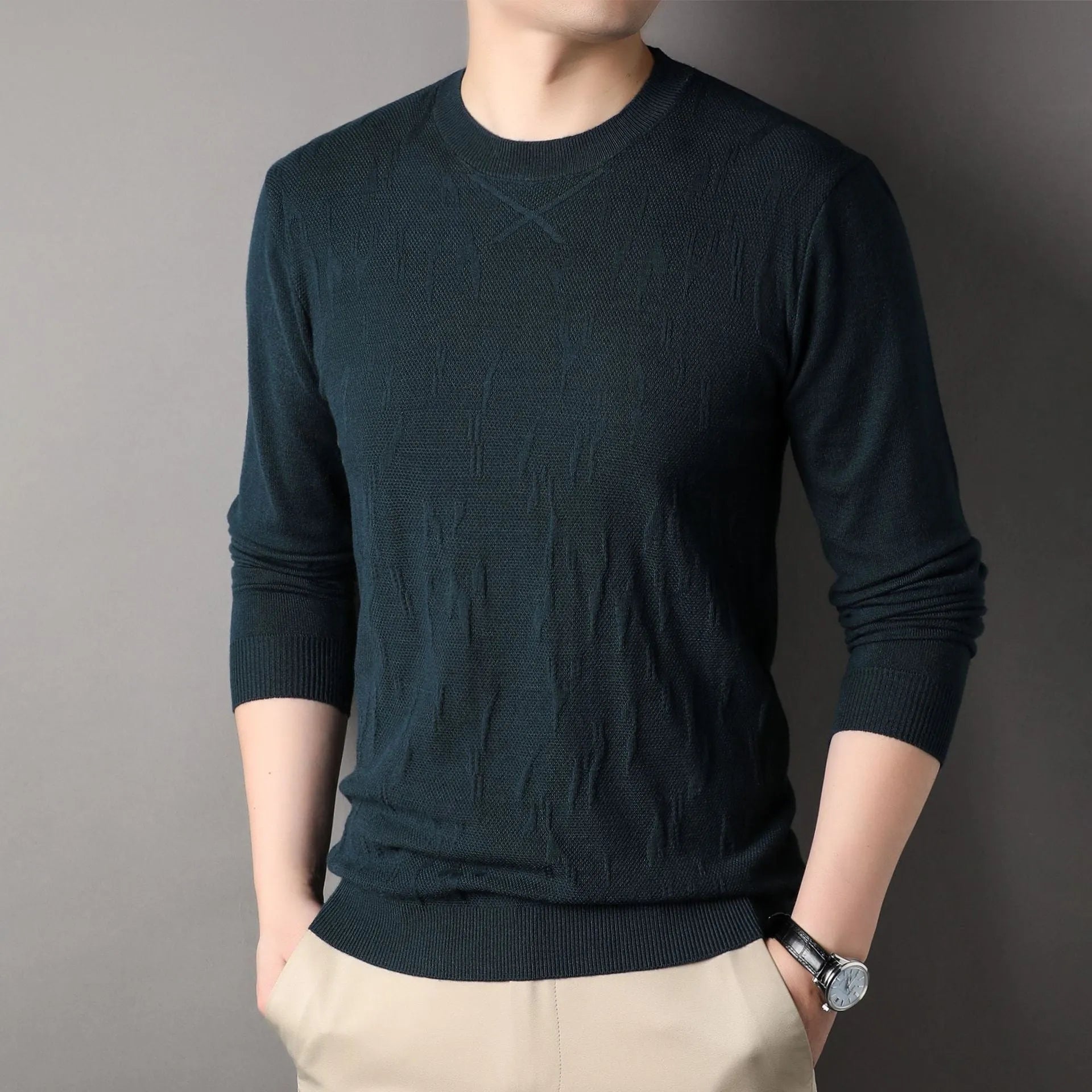 Men's solid colour polyester fibre loose fit long sleeve sweater in khaki, available in sizes M to 4XL