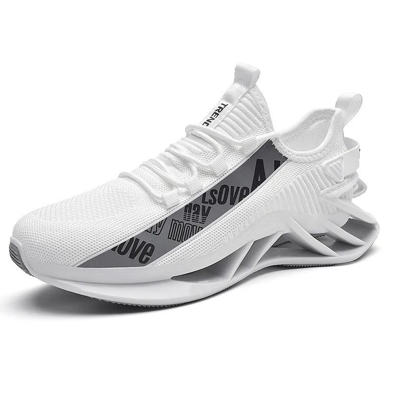 Men's fly woven mesh casual sports shoes with embroidery details in black, red, white, or blue colours