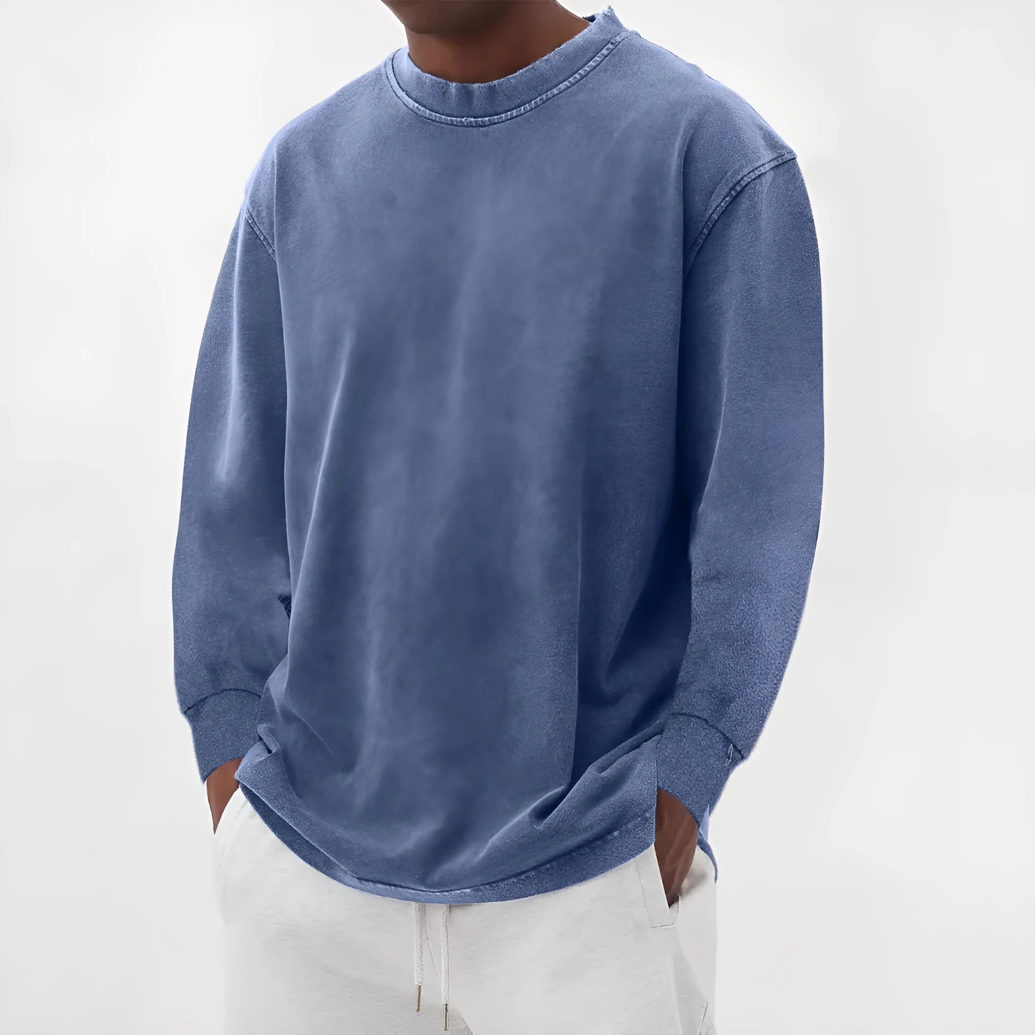 Men's washed old solid colour long-sleeved slim fit T-shirt on a hanger.