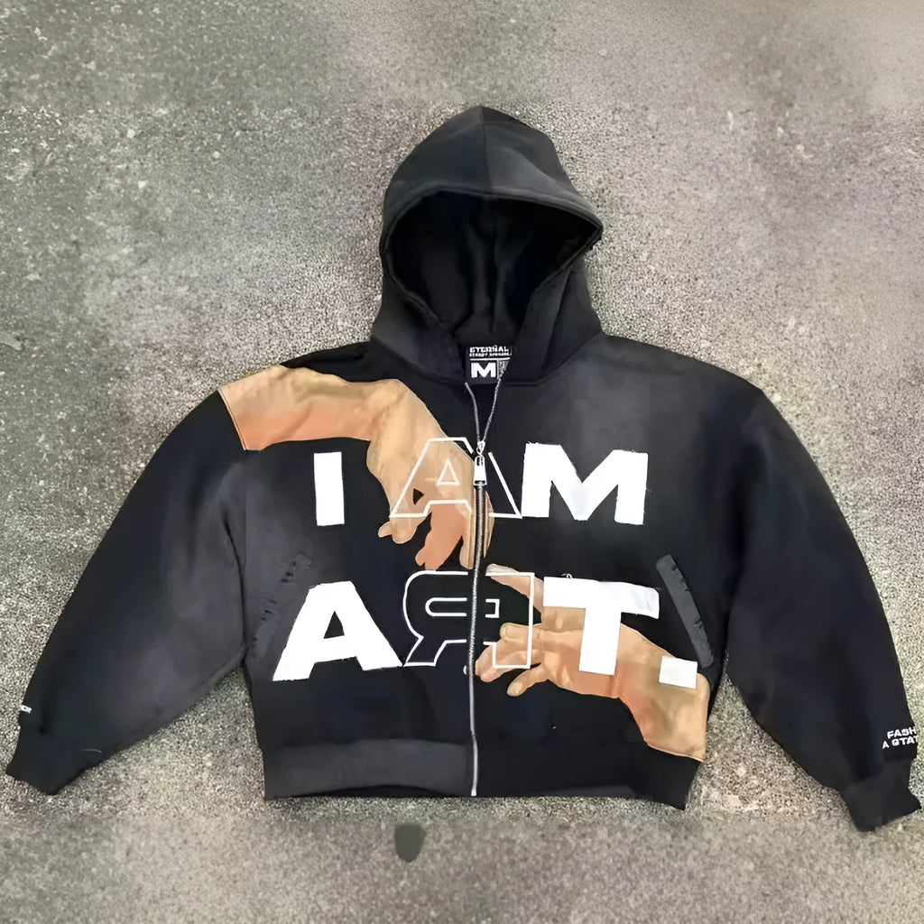 Men's cotton blend pullover hooded top in black with hood and long sleeves, loose fit casual style