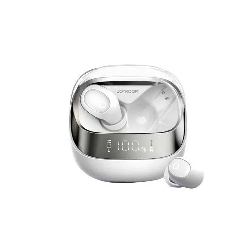 Beige wireless in-ear Bluetooth earbuds with a matching open charging case on a table.