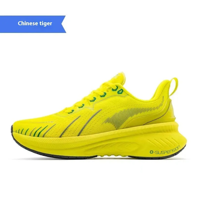 Low-top running sneakers in red with shock absorption features and a breathable mesh upper.