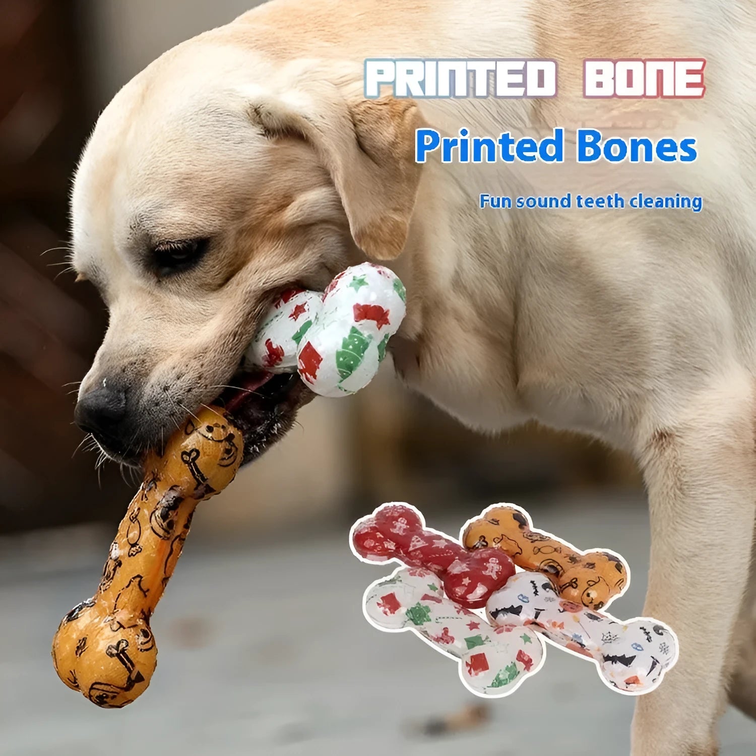 Printed bone-shaped TPR dog chew toy in seasonal colours that makes a nibbling sound