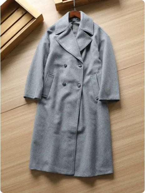 Gray mid-length double breasted woolen coat for women with button front and loose fit