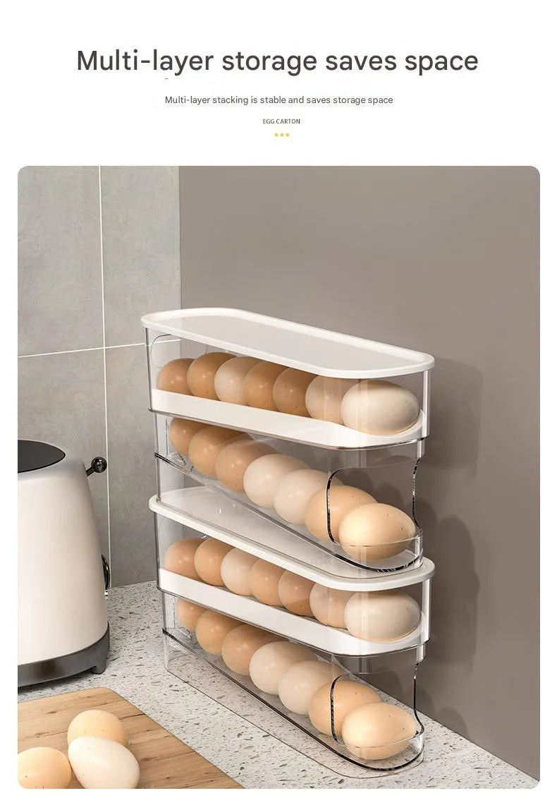 White plastic refrigerator slide-out egg tray with automatic dispenser mounted on refrigerator door