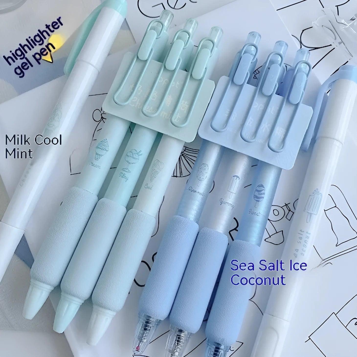 Four double-headed highlighter pens with plastic shells and sponge pressers in cheese mint and sea salt ice cup colours.