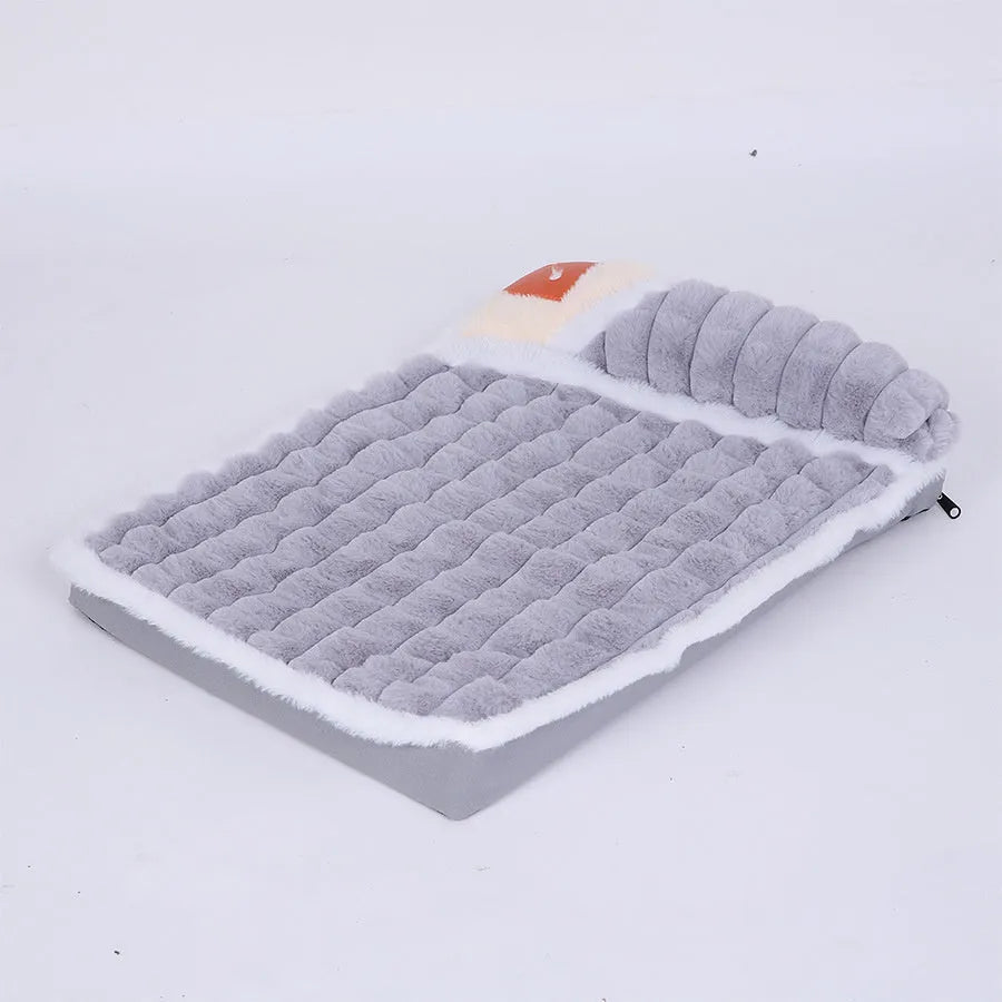 Washable dog mat with detachable cover in grey, shown on a wooden floor