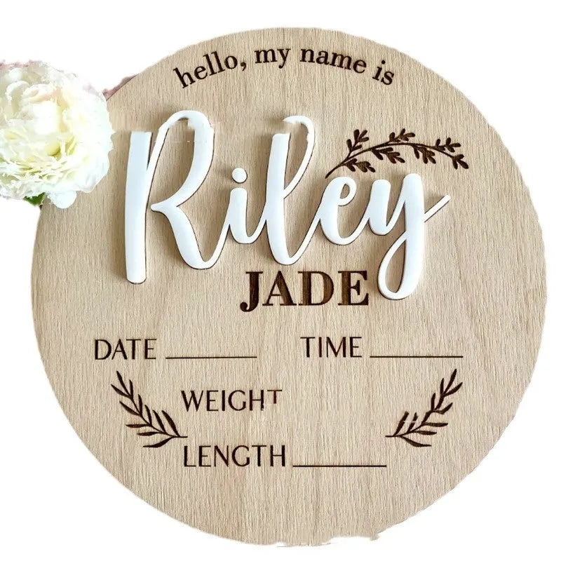 Square plywood name label with baby birth information, 15cm by 15cm, for nursery decoration.