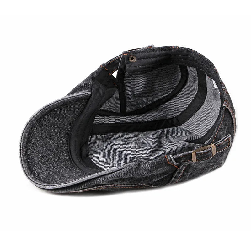 Fashion wash denim beret in medium denim blue, flat top crown, curly brim, cotton tie dye