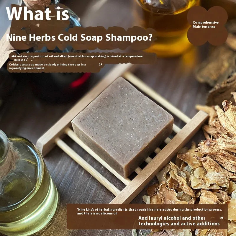 A 72-gram bar of nine grass cold process shampoo soap, silicone oil-free.