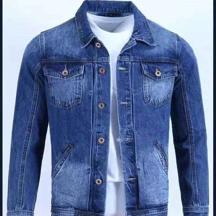 Korean slim fit denim workwear jacket in black gray with conventional sleeves and straight hem
