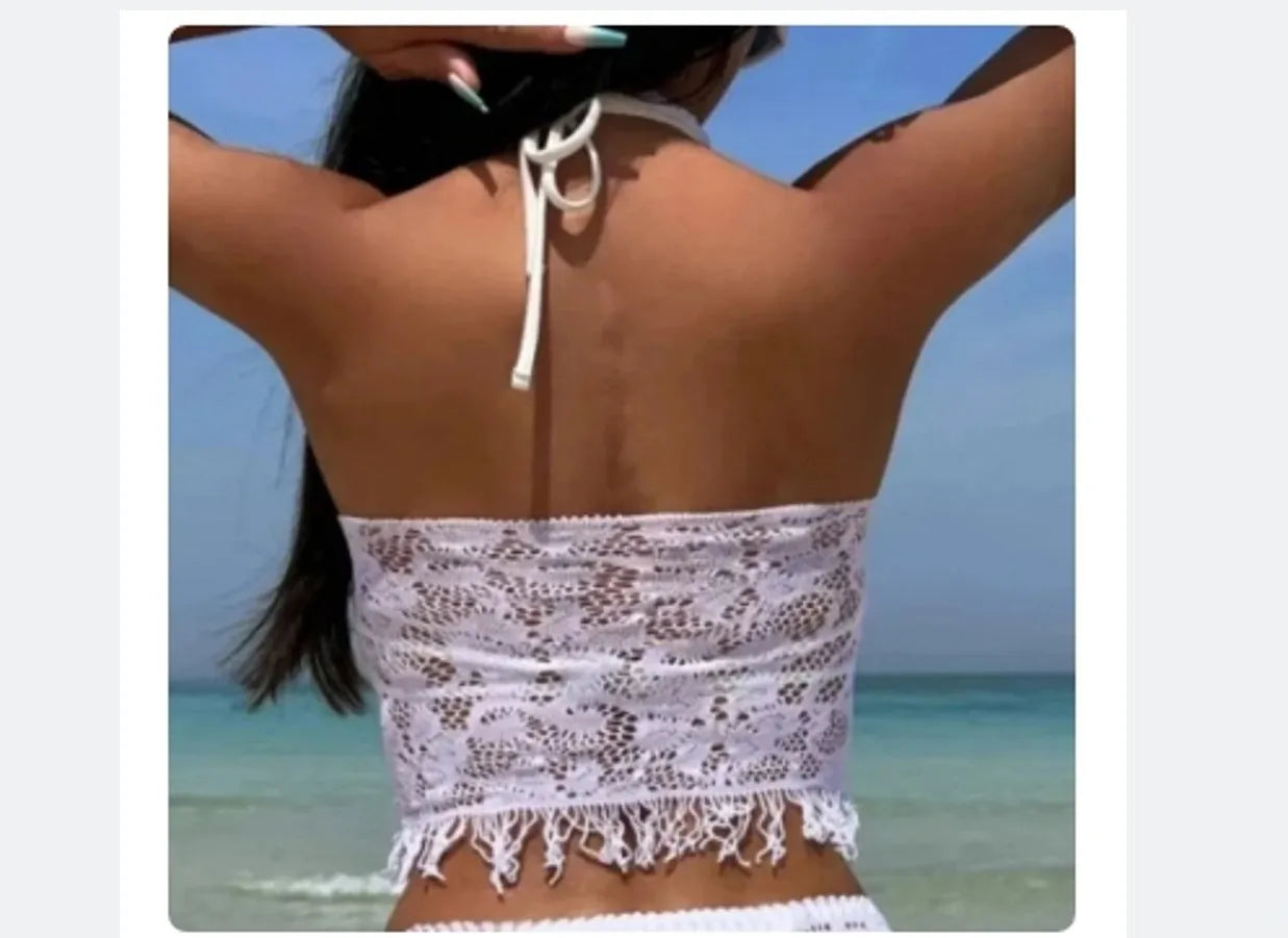 Women's white lace bikini two-piece swimsuit with black tassel skirt beach cover-up
